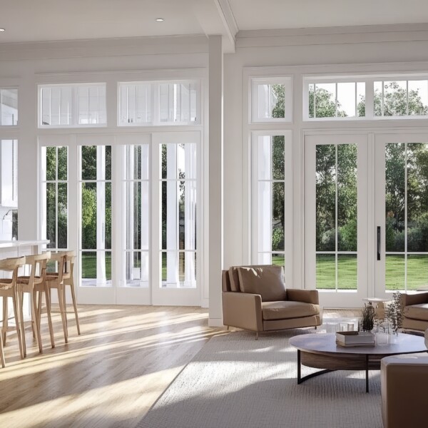 The interior of a beautiful living room in a new luxury home with open concept floor plan. The shot includes the kitchen, dining room, and wall of windows with an amazing view of the outside.