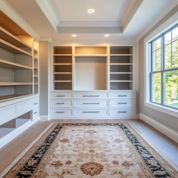 Spacious, well-lit, custom built-in cabinetry room.  Large windows offer natural light