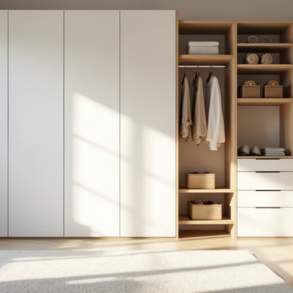 Bright modern walk-in closet interior design. White cabinet and shelves with clothes. Home interior with natural light big window and green plant. Apartment storage design and storage space.