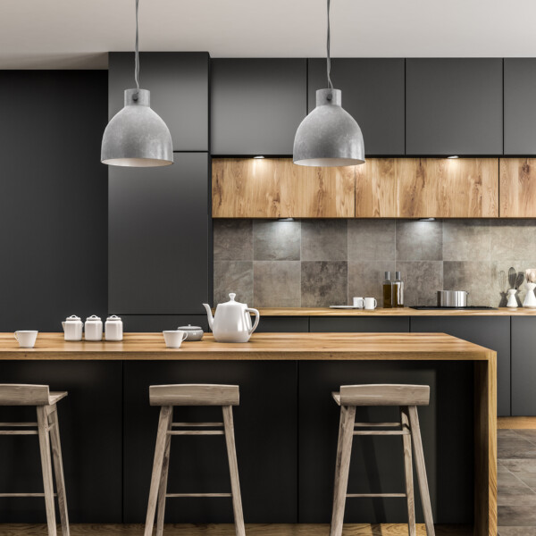 Modern kitchen interior with gray walls, tiled floor, gray countertops and wooden bar with stools. 3d rendering