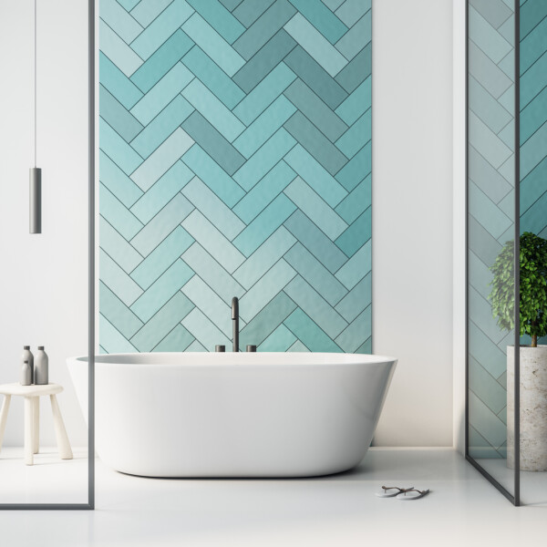 Modern turquoise bathroom interior with bathand self care products. Style and hygiene concept. Mock up. 3d rendering