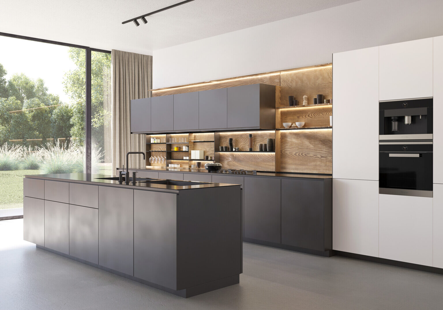 3d render of a modern contemporary minimalist kitchen with satin